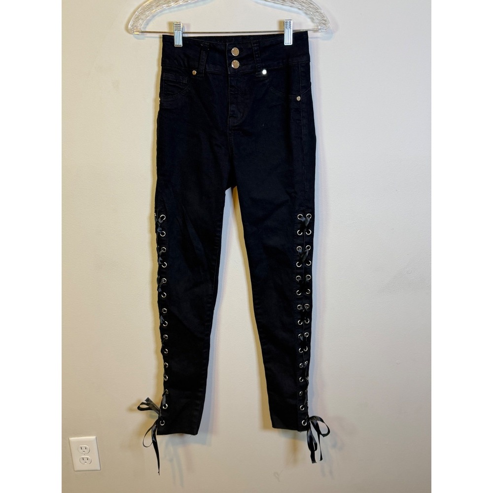 Mitzi Michel Womens Skinny Jeans Side Lace Up Black Size 3